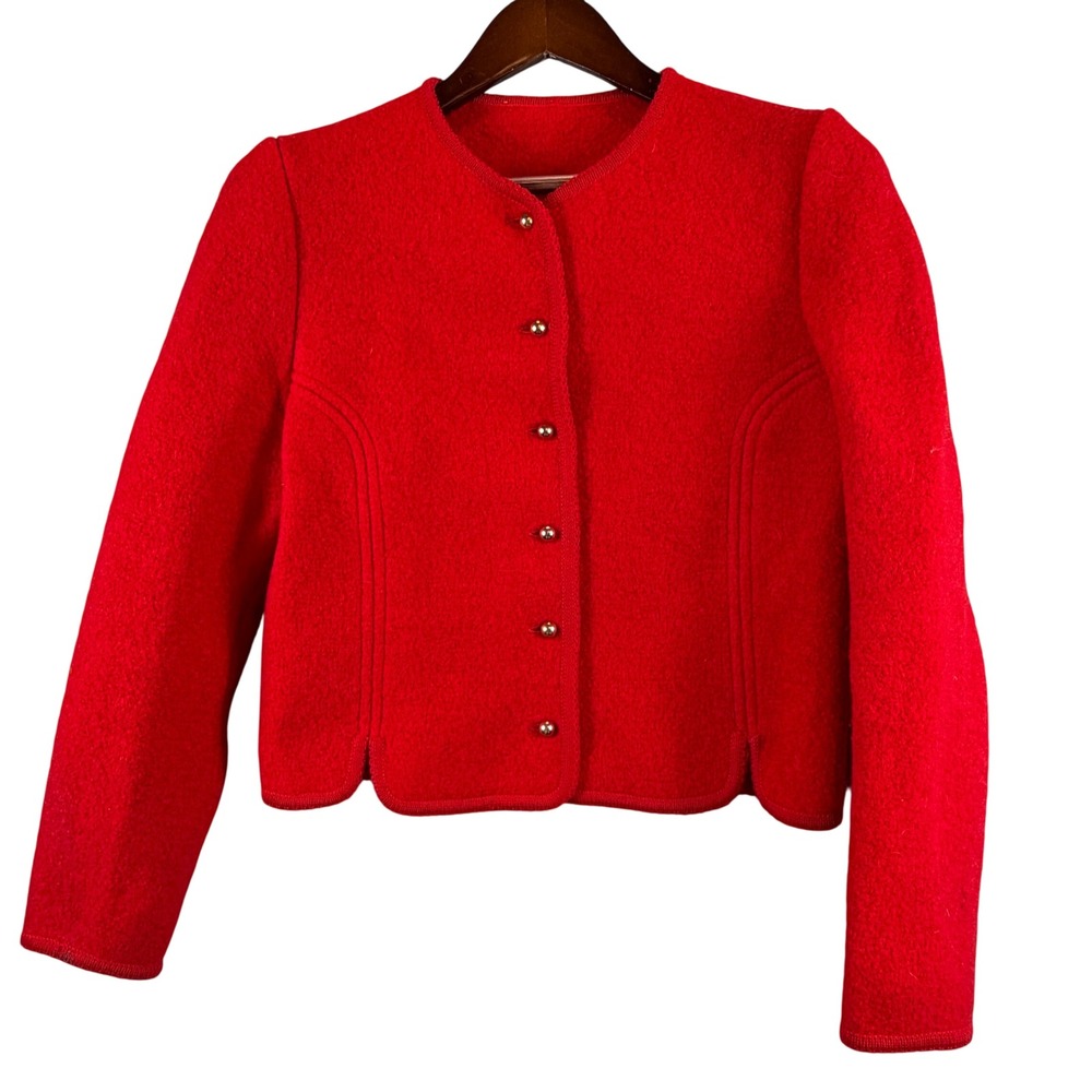 VTG Red Boiled Wool Jacket M Gold Buttons Cropped Tyrolean Folk Style Classic